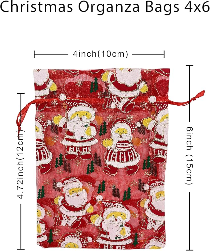 Jexila 24PCS Christmas Organza Gift Bag 4X6 with Drawstring 11 Mix Pattern Small Goodie Candy Party Favor Xmas Gift Bags
