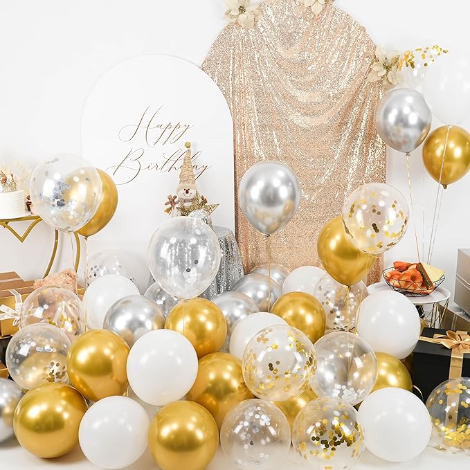 Paready Gold and Silver Latex Balloons, 60 Pcs 12 Inch Metallic Gold Silver and White Confetti Balloons for Birthday Baby Shower Engagement Anniversary Wedding Bridal Shower Graduation Decoration