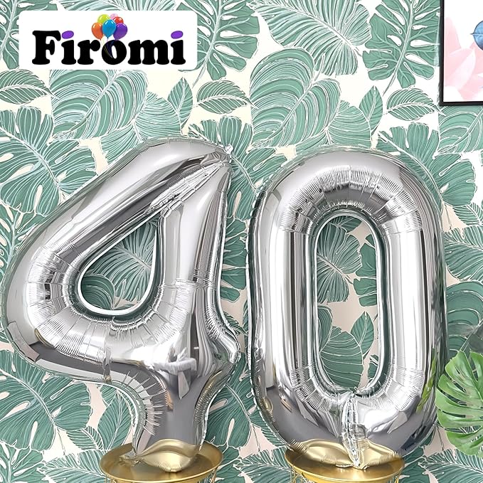 FIROMI 40 Number Balloons Silver Big Giant Jumbo Huge Foil Mylar 40 Balloon Numbers for 40th Birthday Party Anniversary Events Decorations 40-inches