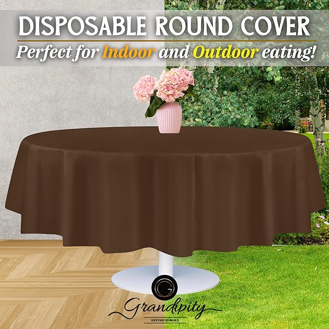 Grandipity Brown Plastic Table Cloth Disposable (6 Pk) 84in Round Tablecloth Premium Party Table Cloths Disposable - Perfect Table Cloth Round Cover for Any Table Up to 6 Feet