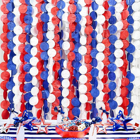 192Ft Royal Blue Red White Party Decorations Big Circle Dots Tissue Paper Backdrop Streamer Garland for 4th of July American USA National Day Patriotic Veterans Graduation Wedding Birthday Party
