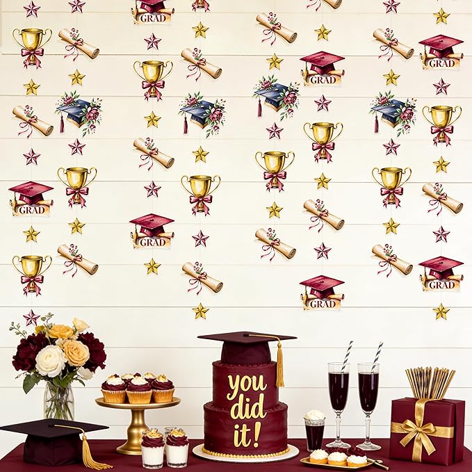 Maroon Gold Graduation Party Hanging Streamer Floral Burgundy Gold Star Grad Cap Garland Banner for Congrats Grad Class of 2026 You Did It We are So Proud of You Themed Party Decorations Supplies