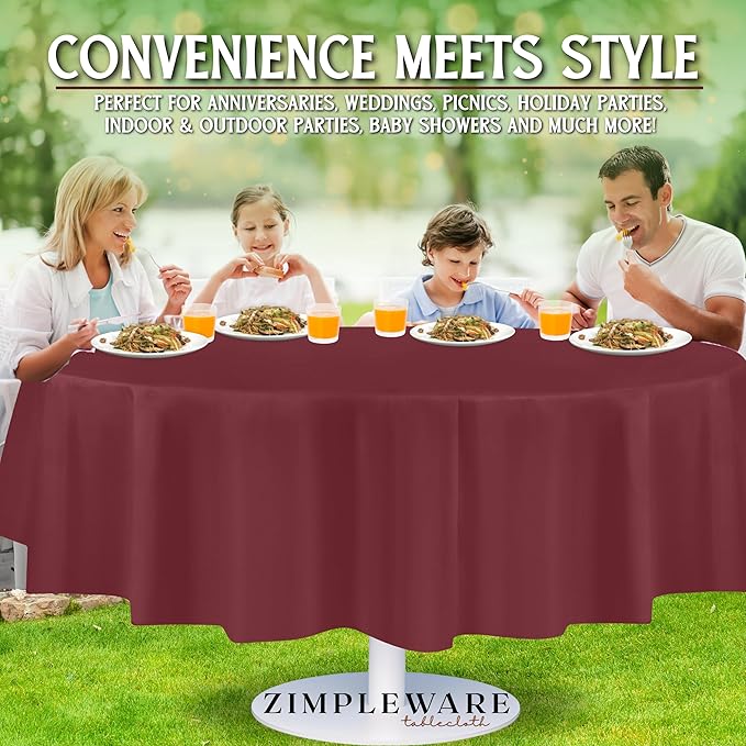 ZIMPLEWARE Premium Burgundy Plastic Table Cloth Disposable (12 Pack) Round Tablecloth (84in) Party Table Cloths Disposable, Perfect Table Cloth Round Cover for Any Table Up to 6 Feet