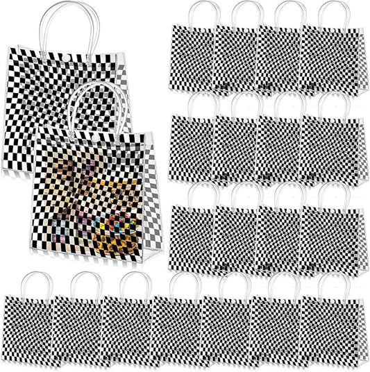 Abbylike 24 Pcs Checkered Race Car Clear PVC Gift Bag with Handles Party Favor Bag Candy Gift Treat Bags for Sports Theme Party Decorations Game Celebration Supplies Birthday Decorations