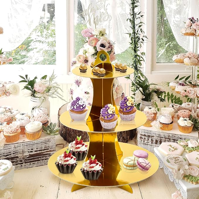 Soleebee 3-Tier Round Cupcake Stand, Cardboard Cupcake Tower, Dessert Cup Cake Stand Tower for Birthday Wedding Party Decoration, Cupcake Tier Stand 1 Set (Gold)
