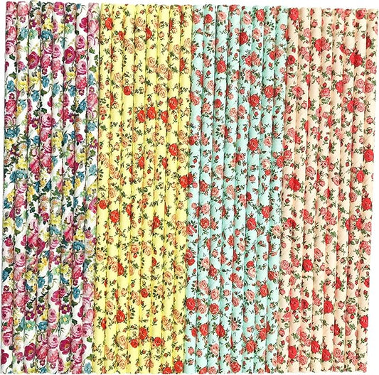 100 pcs Mixed Floral Paper Straws, Colorful Multi Red Purple Pink Yellow Blue Green White Rose Flower Drinking Straws, Spring Summer Wedding Valentine Garden Tea Party Cake Pop Sticks (Vintage Rose)
