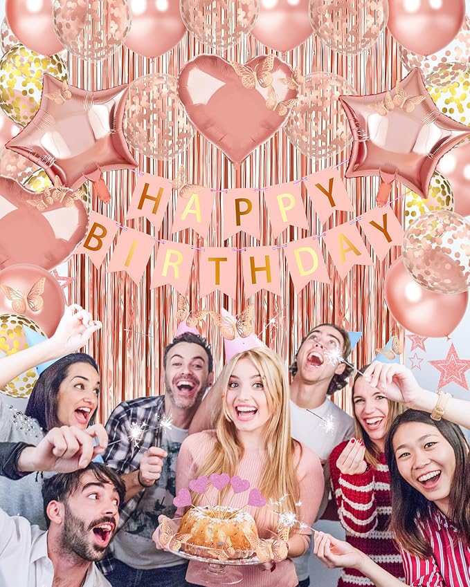 Lutoys Rose Gold Happy Birthday Party Decorations, Happy Birthday Banner, Rose Gold Foil Heart Star Confetti Balloons Curtain Backdrop Hanging Swirls Party Decor for Girls Women Princess