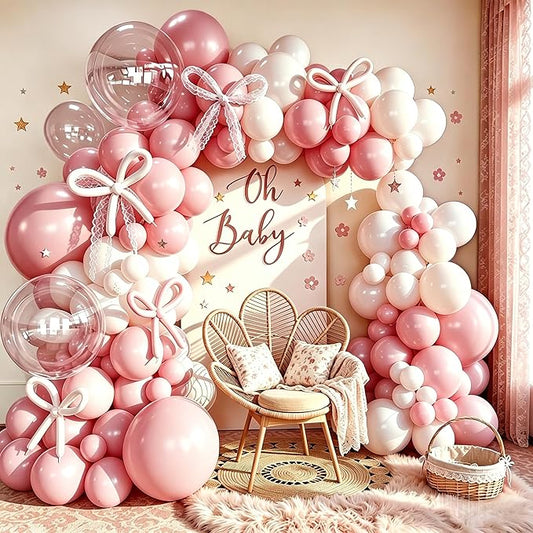 Pastel Pink and White Coquette Balloons Arch, 134 PCS Light Baby Dusty Pale Pink Bow Balloon Garland mit 18 Inch Clear Balloons *5, Long Balloon as Bow Decor for Girls Just Want To Be One Birthday