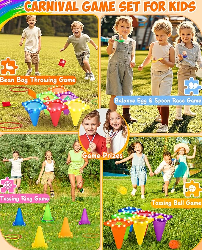 Eocolz 49PCS Carnival Games Outdoor Combo Set for Kids with LED Light, Plastic Cones Obstacle Course Bean Bags Balls Ring Toss Game Egg and Spoon Race Lawn Game, Gift for Birthday Party/Xmas/Easter