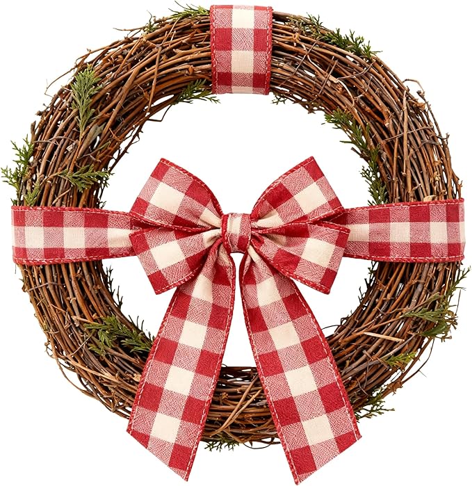 Meseey 10 Yards Burgundy and Ivory Buffalo Plaid Burlap Ribbon 4 Inch Red White Farmhouse Tartan Check Wired Edge Ribbons for Big Bow,Fall Wreath,Gift Wrapping,Crafts