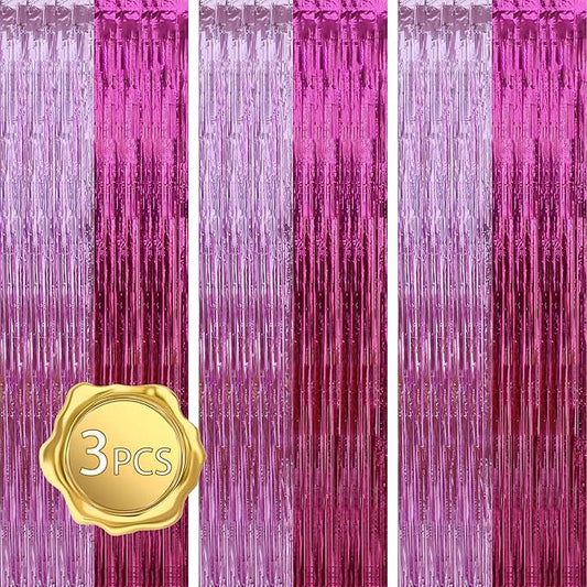 BEISHIDA 3Pcs Hot Pink Door Streamer Colorful Hot Pink Colour Scheme Backdrop Foil Fringe Tinsel Curtains Hot Girls Mean Girls Backdrops for Birthday Valentines's Day Decoration (3.28 ft x 6.56 ft)