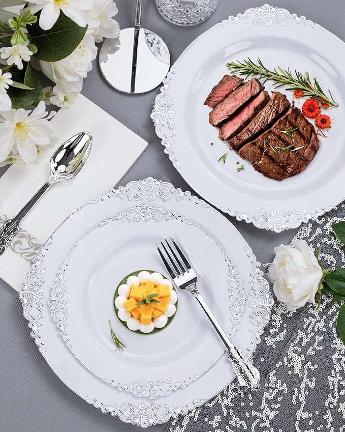 Nervure 350PCS Silver Plastic Dinnerware - White and Silver Disposable Plates for 50 Guests - 100 Disposable Plates, 150 Plastic Silverware, 50 Cups, 50 Napkins for Wedding & Party