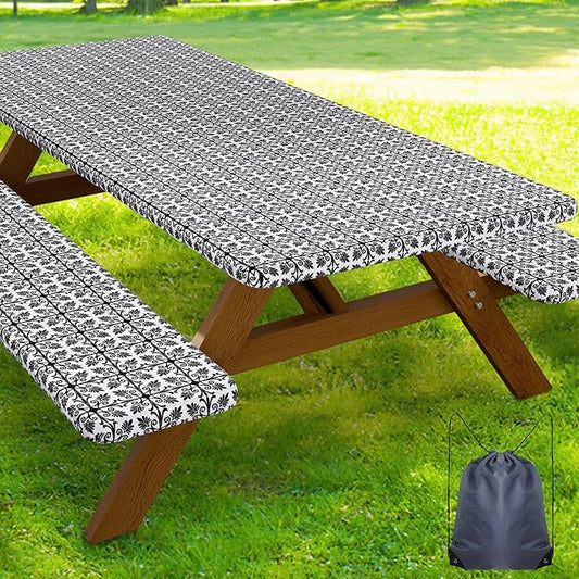 Smiry Picnic Table Cover with Bench Covers, Waterproof Elastic Fitted Tablecloth for 6 Foot Tables, Washable Polyester Tablecloths for Camping, Indoor & Outdoor (Charcoal & White, 30x72 Inch 3-pc Set)