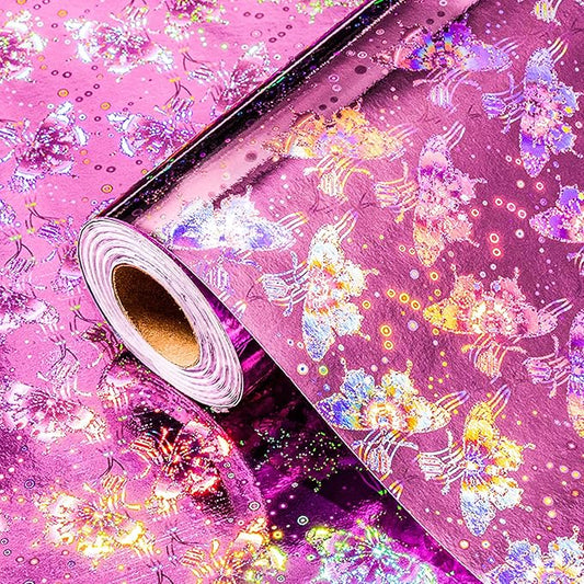 Burymento Pink Butterfly Wrapping Paper Roll, Metallic Holographic Butterfly Gift Wrap for Birthday, Valentines, Mothers day, Graduation, Wedding, Fathers day, Baby Shower, Christmas (17 IN x 32.8 FT)