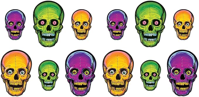 Beistle 1456 Vintage Halloween Nite-Glo Skull Cutouts, 12 Piece, 8.5" & 12.75", Multicolored