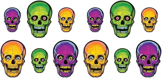 Beistle 1456 Vintage Halloween Nite-Glo Skull Cutouts, 12 Piece, 8.5" & 12.75", Multicolored