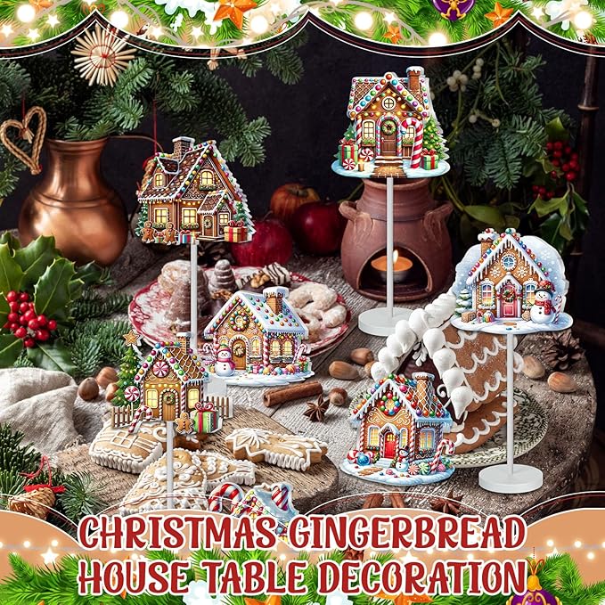 Geelin 10 Pcs Christmas Gingerbread Table Decoration Gingerbread House Decor Christmas Centerpiece for Tables Gingerbreads Theme Tabletop Gift for Xmas Holiday Desk Home Office Party Supplies Decor