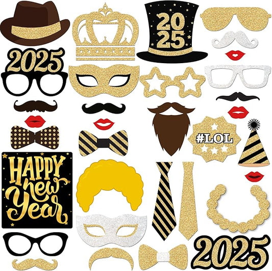 KatchOn New Years Eve Photo Booth Props 2025 - Pack of 33, Glitter NYE Party Supplies | Happy New Year Decorations