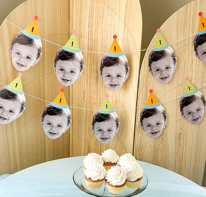 Big Dot of Happiness Custom Colorful Birthday Face Cut Out Garland Banner, Personalized Birthday Age Decor, Custom Party Time Face Banner, 30 Feet of Cord, 10 Face Cut Outs