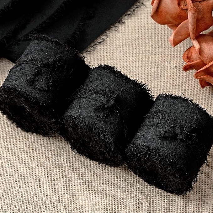 Halloween Ribbon, 6 Rolls Halloween Ribbon Gift Ribbons, 1.5" x 7Yd Black Chiffon Ribbons Set for Gift Wrapping, Wedding Invitations, Bouquet Wrap, Bridal Bouquets, DIY Crafts