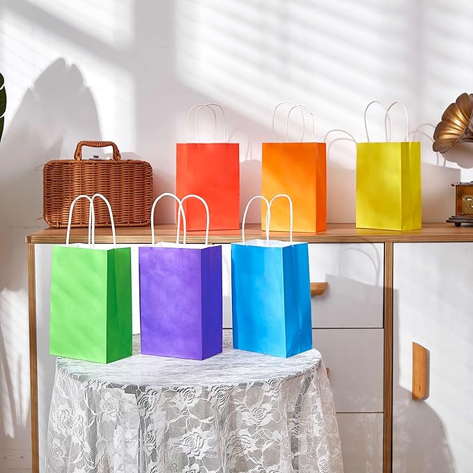 SUNCOLOR 24-Pack Rainbow Gift Bags with Handles, 8" Multi-Color Paper Party Favor Bags for Goodies. Birthdays, Events, Classrooms & Celebrations