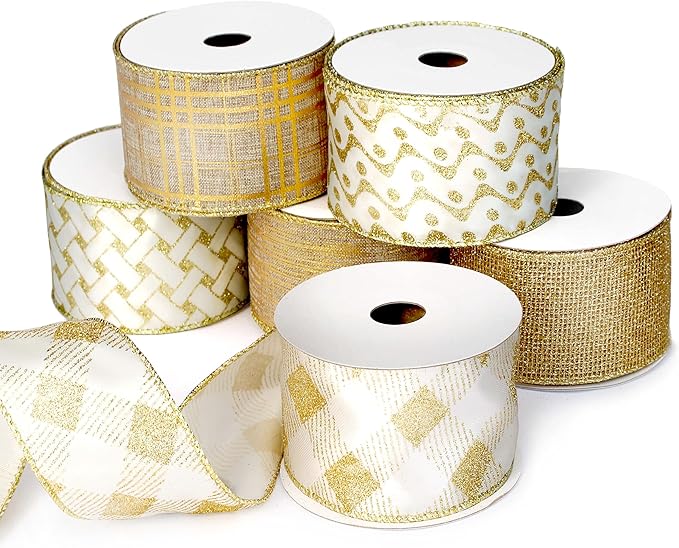 Gold Ribbon Wired Easter Ribbons for Baskets 2.5 Inch 6 Rolls 36 Yards Burlap Basket Organza Sheer Mesh Metallic Glitter Crafts Decorating Gift Wrapping Bows Wrap Bow Christmas Tree Topper Wreath