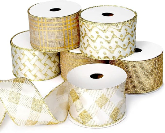 Gold Ribbon Wired Easter Ribbons for Baskets 2.5 Inch 6 Rolls 36 Yards Burlap Basket Organza Sheer Mesh Metallic Glitter Crafts Decorating Gift Wrapping Bows Wrap Bow Christmas Tree Topper Wreath