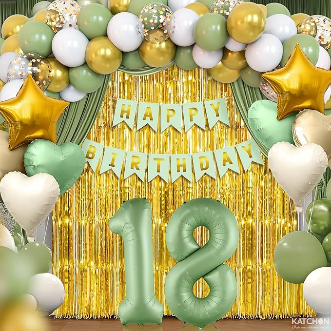 KatchOn, Sage Green 18th Birthday Decorations Set – Pack of 49 | Sage Green 18 Balloon Numbers, Star, Heart & Confetti Balloons, Gold Backdrop | 18th Sage Green Birthday Decorations for Girls, Boys