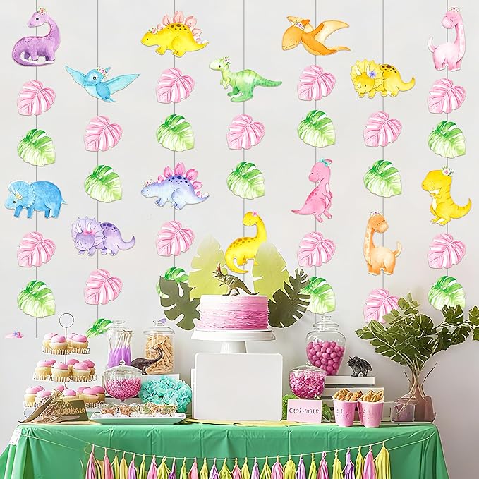 8pcs Dinosaur Theme Party Hanging Garlands Pink Dinosaur Birthday Party Ceiling Garland Decorations for Girls Dino Theme Birthday Baby Shower Supplies