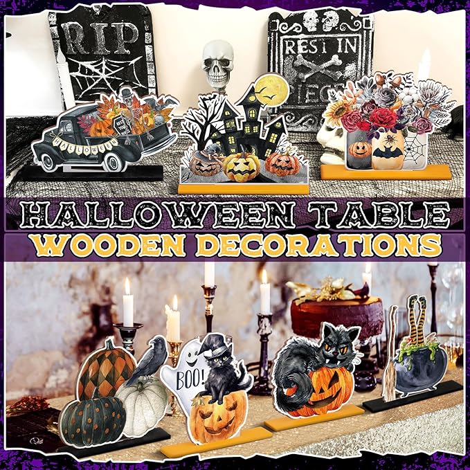 Marsui 12 pcs Halloween Wooden Decor Table Centerpieces Decorations for Home Spooky Halloween Pumpkin Ghost Black Cat Wooden Sign Wood Blocks Sign Home Decoration Tiered Tray Decor for Kitchen Shelf