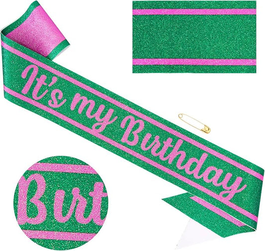 Pink Green Birthday Sash for Girls, Witch Themed Sash with Glitter Foil for Girl Happy Funny Accessories for Women Party Favors Supplies