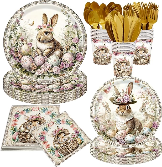 140Pcs Vintage Easter Party Rabbits Plates and Napkins Easter Day Party Supplies Gorgeous Palace-Style Bunny Eggs Paper Plates Birthday Party Decorations Rabbits Party Plates, Serves 20 Guests