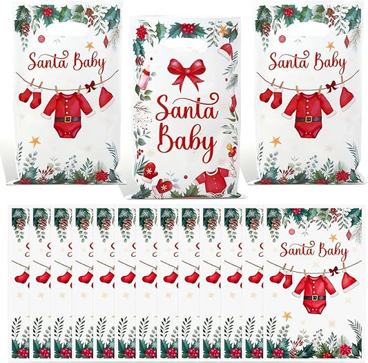 Haooryx Santa Baby Shower Party Favor Bags - 50Pcs Christmas Santa Baby Plastic Goodie Candy Treat Bag with Handle Gift Wrap Decor for Kid Birthday Baby Shower Christmas Decoration Party Favor Supply