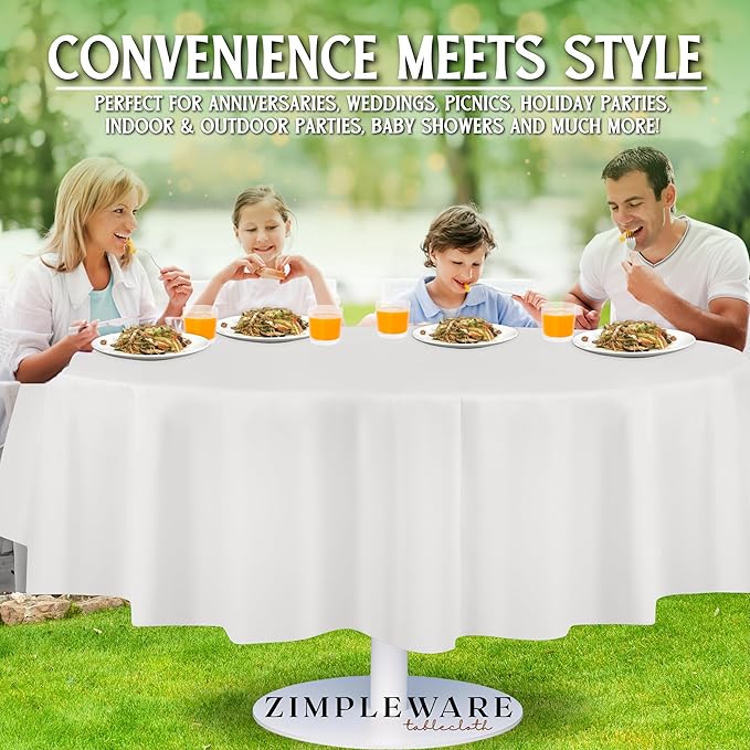 ZIMPLEWARE Premium White Plastic Table Cloth Disposable (12 Pack) Round Tablecloth (84in) Party Table Cloths Disposable, Perfect Table Cloth Round Cover for Any Table Up to 6 Feet