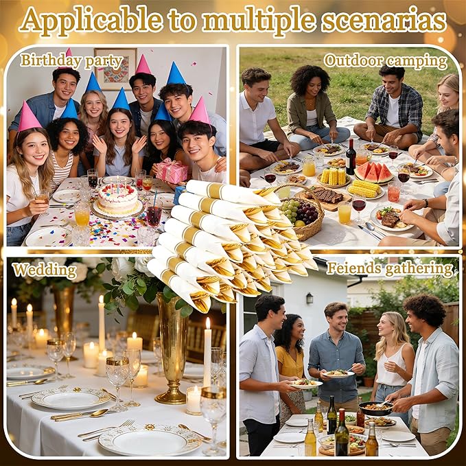 30 Pack Pre Rolled Gold Plastic Silverware Set,Wrapped Plastic Cutlery Set with Napkin Include 30 Forks,30 Spoons,30 Knives and 30 White Napkins for Party,Wedding,Birthday
