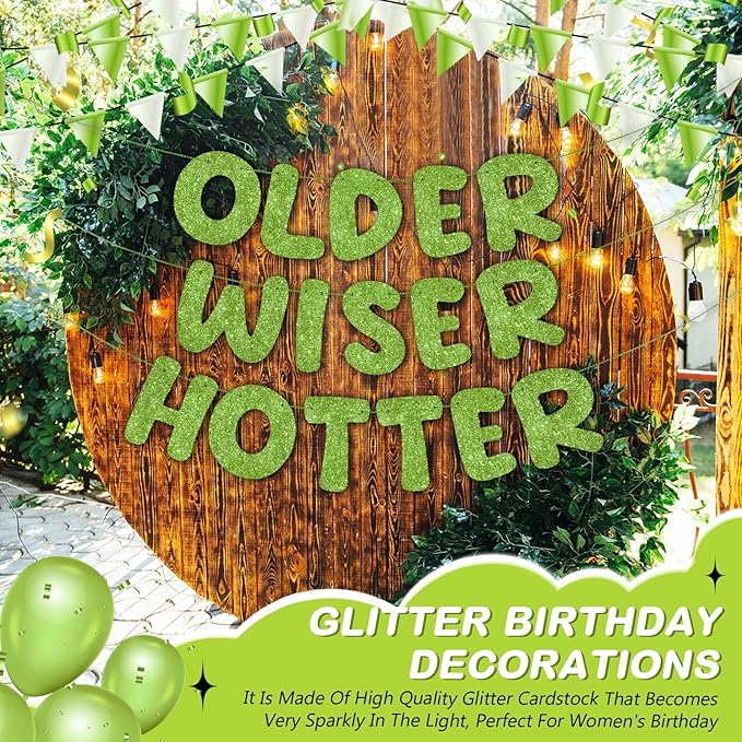 Fulmoon Set of 3 Pre Strung Older Wiser Hotter Glitter Banner Funny Birthday Banner for Women 30th 40th 50th 60th 70th 80th Birthday Party Decorations Sign Gift(Grass Green)