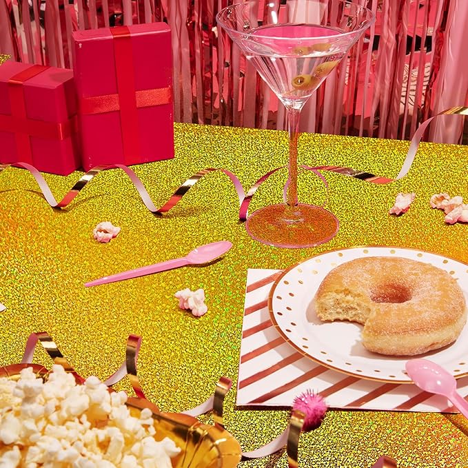 Sparkling Holographic Laser Tablecloth - Shimmering, Waterproof, Easy to Clean - Ideal for Halloween Bachelorette, Mermaid, Birthday, Wedding, and Anniversary Party Decorations (Black & Gold, 2)