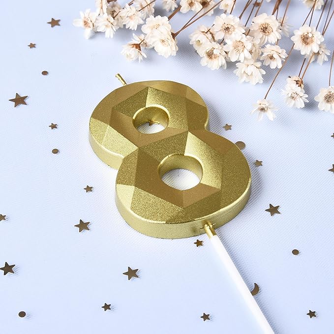 PHD CAKE 2.76 Inch Crystal Gold 8 Number Birthday Candles, Gold Number Candles, Cake Number Candles, Party Celebration