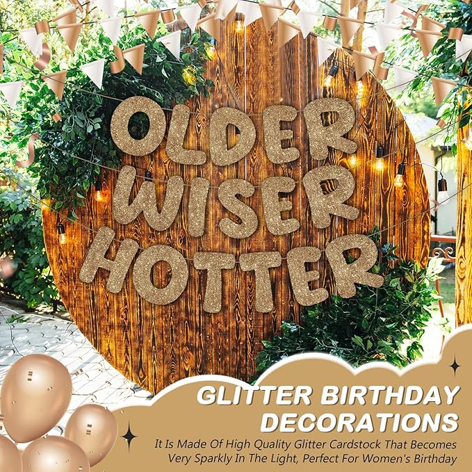 Fulmoon Set of 3 Pre Strung Older Wiser Hotter Glitter Banner Funny Birthday Banner for Women 30th 40th 50th 60th 70th 80th Birthday Party Decorations Sign Gift(Dark Champagne)