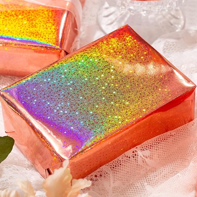Burymento Rose Gold Wrapping Paper Roll, Metallic Holographic Star Gift Wrap for Birthday, Valentines, Mothers day, Graduation, Wedding, Fathers day, Baby Shower, Christmas (17 IN x 32.8 FT)