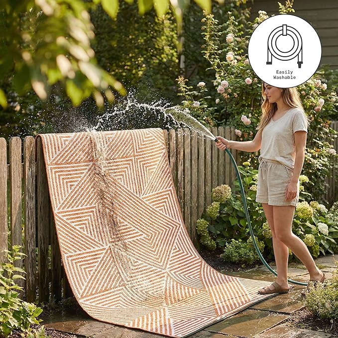 Fab Habitat Outdoor Rug - Waterproof, Fade Resistant, Crease-Free, Reversible - Premium Recycled Plastic - Modern Geometric - Patio, Porch, Deck, Balcony - Tokyo - Burnt Orange - 5 x 8 ft