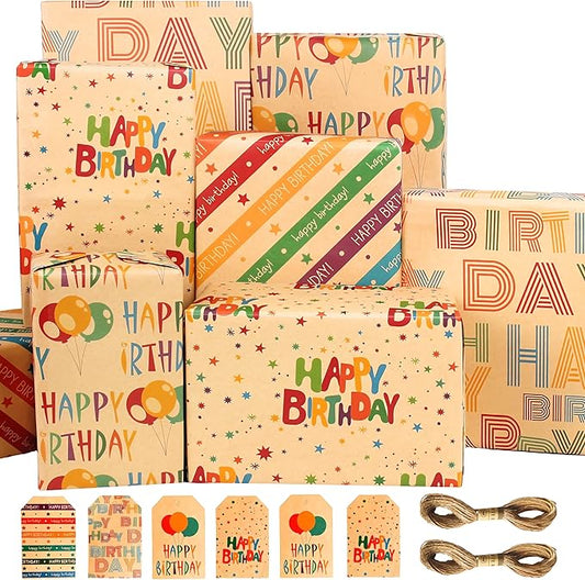 BWLOIES Wrapping Paper Birthday Gift Wrapping Paper Sheets Set, Kraft Birthday Gift Wrap Set,Balloon Star Happy Birhtday Paper with Tags String,Bday Present Wrap for Boy Girl Women Men