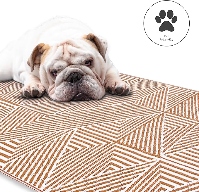Fab Habitat Outdoor Rug - Waterproof, Fade Resistant, Crease-Free, Reversible - Premium Recycled Plastic - Modern Geometric - Patio, Porch, Deck, Balcony - Tokyo - Burnt Orange - 5 x 8 ft