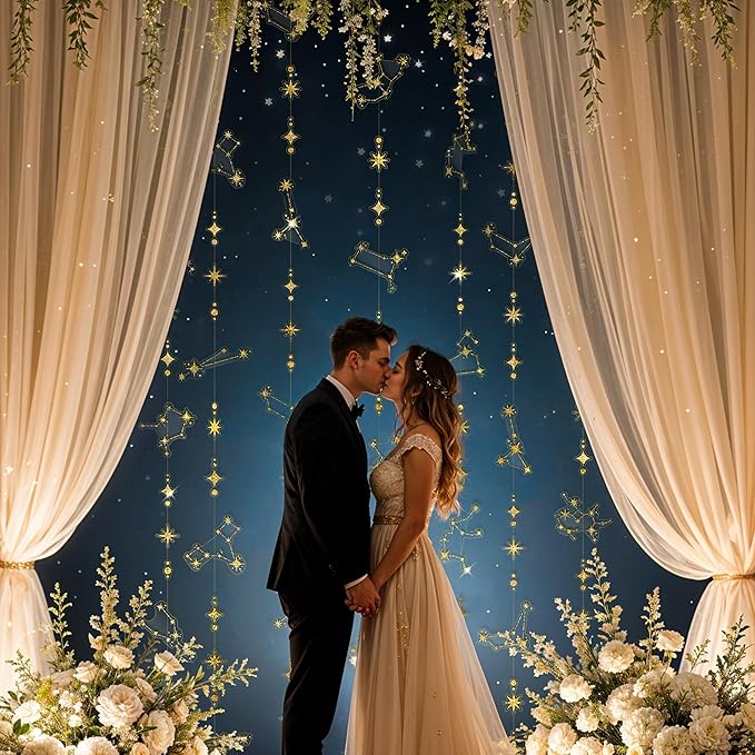 Cheerland Glitter Celestial Party Decorations Constellation Birthday Decoration Star Garlands Witchy Backdrop Astrology Decor Zodiac Theme Banner Hanging Stars Streamer Galaxy Party Suppplies (Gold)