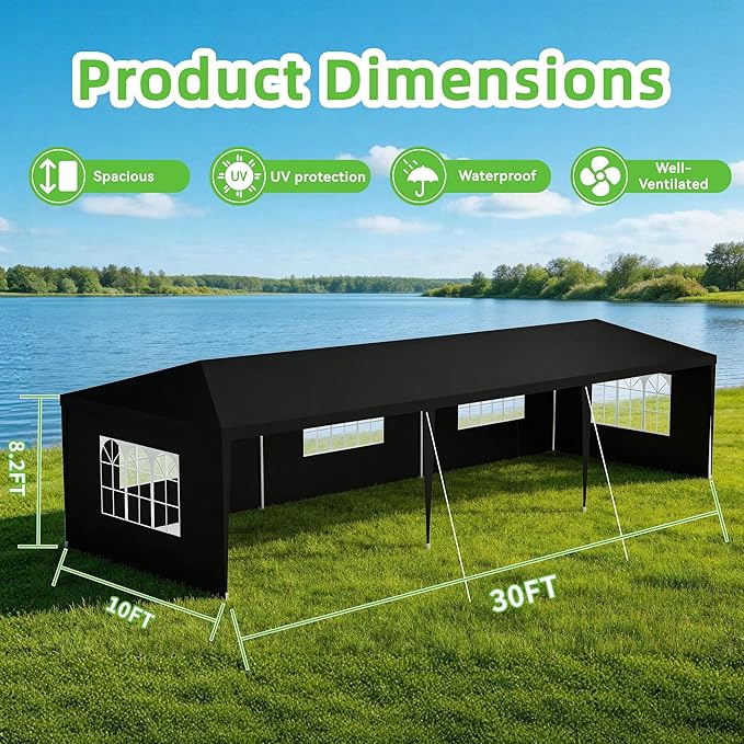 10' x 30' Outdoor Canopy Tents with 5 Detachable Sidewalls, Black Patio Gazebo Tents, Shade Shelters for Birthday, Events, Party, Wedding, Gatherings and Patio