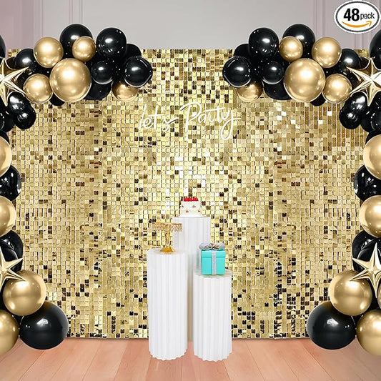 48 Pcs Light Gold Shimmer Wall Backdrop Panels for Birthday Decorations, 8x6 FT Dynamic Square Sequin Backdrop for Engagement Wedding Disco Prom Baby Shower Graduation Party Decor Supplies