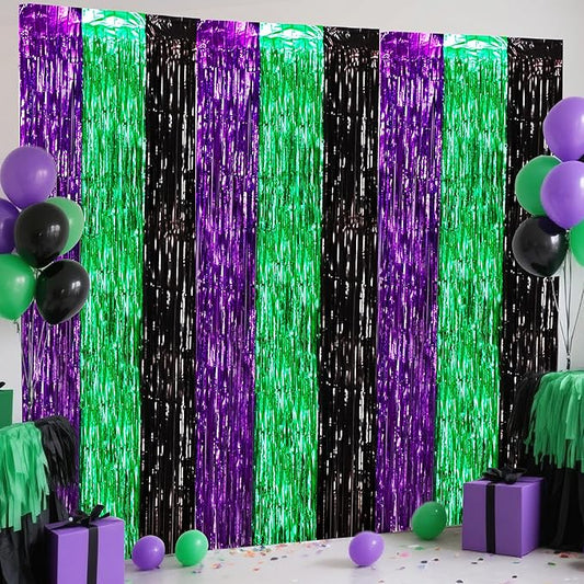 BEISHIDA 3Pcs Purple Green Black Door Streamer Backdrop Foil Fringe Tinsel Curtains Backdrops for Monster Truck Theme Birthday Party, Halloween Party Supplies (3.28 ft x 6.56 ft)