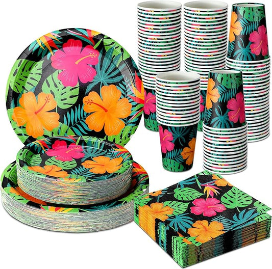Jingmore 200 Pcs Tropical Nights Hawaiian Aloha Party Supplies Serve 50 Guests Luau Paper Plates Cups Napkins for Summer Beach Tableware Pool Party