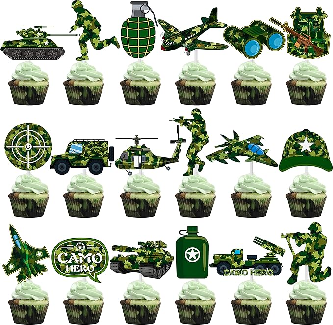 36pcs Camo Cupcake Toppers Camouflage Cake Decorations Military Cupcake Picks for Army Soldier Theme Birthday Party Baby Shower Supplies