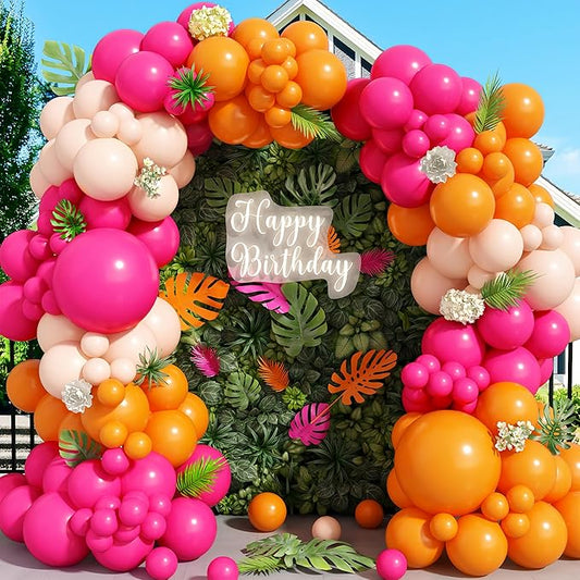 Pink and Orange Balloon Arch Kit, Hot Pink Orange Peach Garland Balloon, Fuchsia Magenta Latex Balloons for Baby Shower Birthday Wedding Tropical Hawaiian Beach Flamingo Sunset Party Decorations